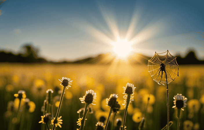 An image depicting a serene, sun-drenched meadow with vibrant wildflowers, where a solitary fly hovers above an intricately woven spider's web, symbolizing the delicate balance between life and death, and the hidden spiritual messages within the humble fly