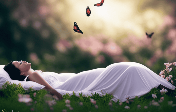 An image showcasing a serene moonlit landscape, where a pregnant woman lies peacefully on a bed of blooming flowers, bathed in ethereal light as vibrant butterflies gracefully dance around her