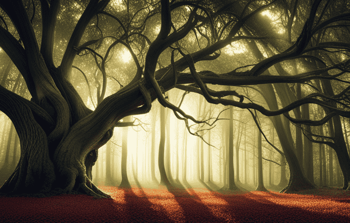 An image showcasing a serene, sunlit forest glade, where a majestic oak tree stands tall