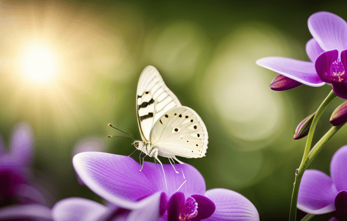 An image capturing the ethereal beauty of a white butterfly delicately perched on a vibrant purple orchid, symbolizing spiritual transformation, divine guidance, and profound healing