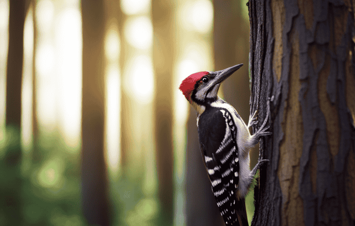 An image of a majestic woodpecker perched on a weathered tree trunk, its vibrant plumage contrasting with the earthy tones