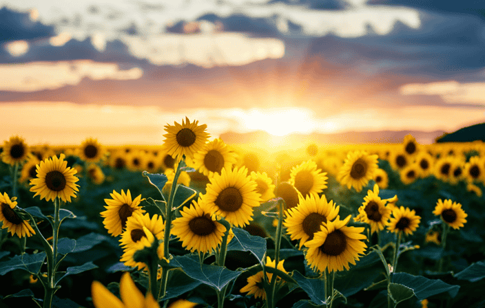 An image showcasing a serene sunrise over a glowing field of sunflowers, their vibrant yellow petals reaching towards the sky, symbolizing the spiritual significance of yellow - joy, wisdom, and healing
