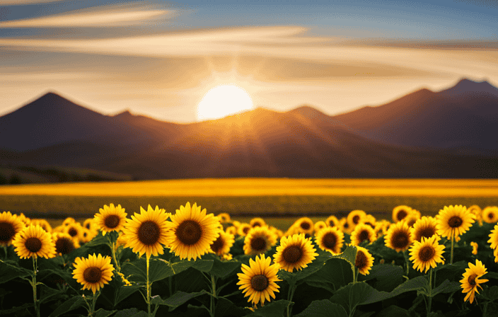 An image showcasing a radiant golden sunrise over a serene mountain landscape, casting a warm glow on blooming fields of sunflowers, evoking a sense of immense power, boundless joy, and profound spiritual enlightenment