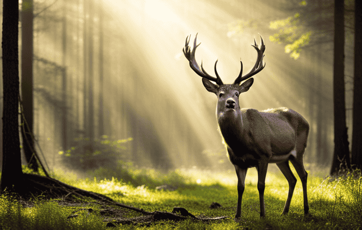 An image featuring a majestic deer standing amidst a serene forest, sunlight filtering through the trees, casting a soft glow on the deer's elegant antlers