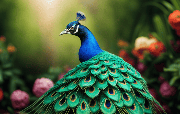 An image depicting a majestic peacock, its vibrant iridescent feathers spread wide, symbolizing beauty, while perched amidst a lush floral backdrop
