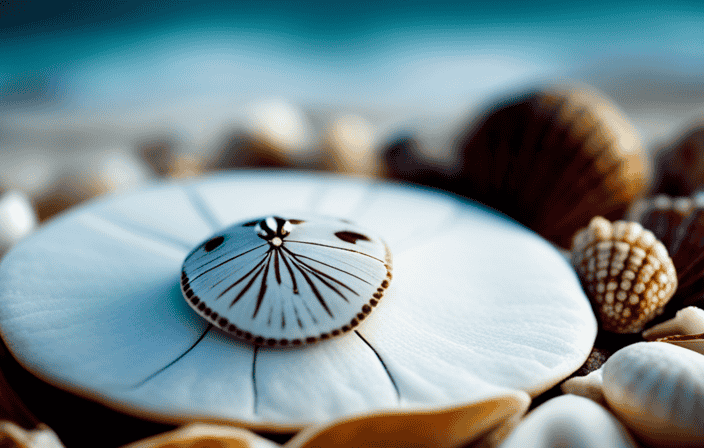 An image featuring a pristine white sand dollar resting on a bed of vibrant seashells, surrounded by gently rolling ocean waves, evoking the profound spiritual meanings and cultural ties associated with this symbolic marine treasure