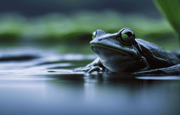 An image that captures the essence of the symbolism of frogs: a serene pond shrouded in mist, where a vibrant green frog emerges from the water, embodying the themes of transformation, renewal, and spiritual connection