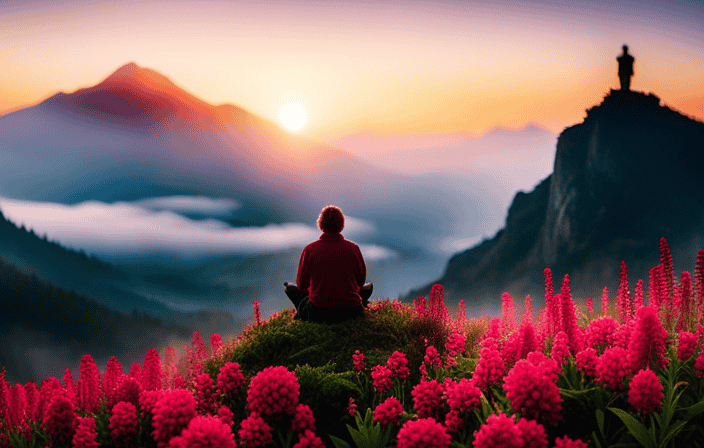 An image showcasing a serene sunrise over a misty mountaintop, with a solitary figure meditating amidst colorful flowers, symbolizing the transformative power of spiritual habits