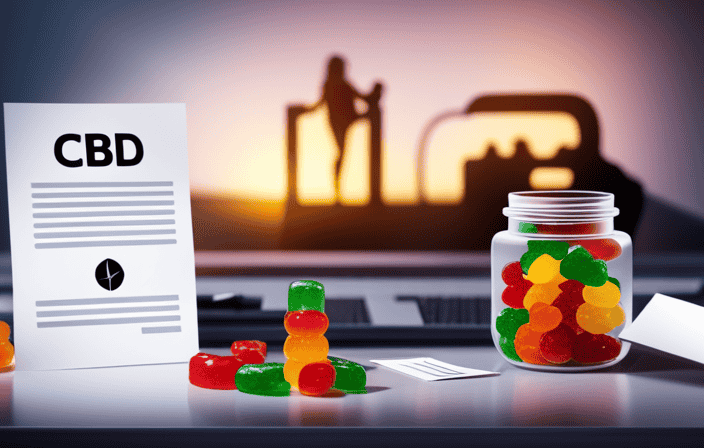 An image of a colorful, transparent jar filled with CBD gummies, surrounded by a legal document, a warning sign, and a person experiencing relaxation, representing the risks, legality, and benefits of CBD gummies