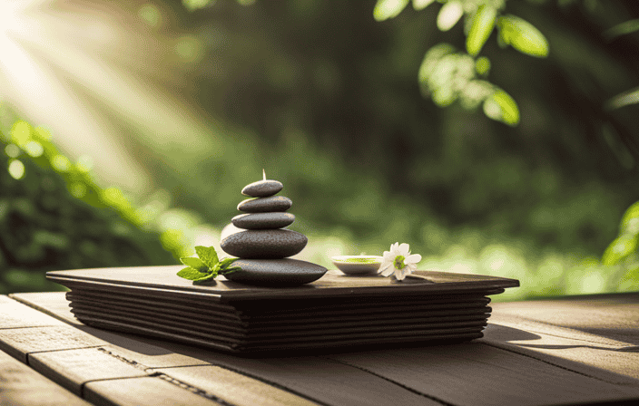 An image depicting a serene meditation room with a meticulously crafted wooden table adorned with intricate carvings, surrounded by soft cushions and a backdrop of calming natural elements like plants, candles, and flowing water