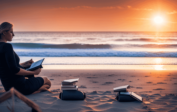 An image of a serene beach scene at sunrise, with a person sitting cross-legged on the sand, surrounded by a stack of stress management ebooks, their eyes closed in peaceful contemplation