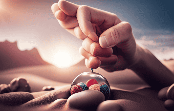 An image showcasing a colorful, whimsical scene: a hand gently squeezing a squishy stress ball, while nearby, a kinetic sand tray is being molded into intricate patterns, surrounded by a variety of fidget toys and a serene atmosphere
