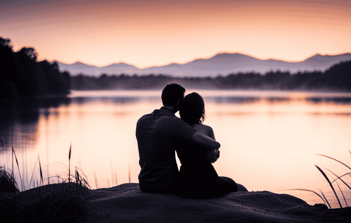 An image capturing a serene sunrise, casting a golden glow over a couple embracing by a tranquil lake, symbolizing the profound transformation that spiritual awakenings bring to relationships, perspectives, and life