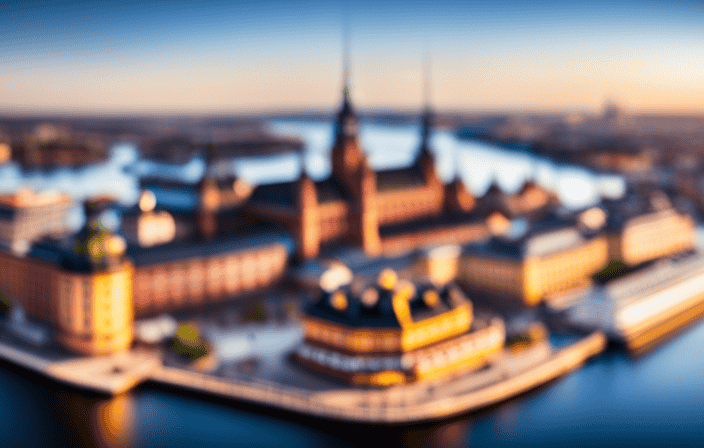 An image showcasing a panoramic view of the vibrant city of Stockholm, with the iconic Royal Palace in the foreground and a luxurious casino nestled amidst the bustling streets, inviting readers to explore the ultimate casino travel experience in Sweden