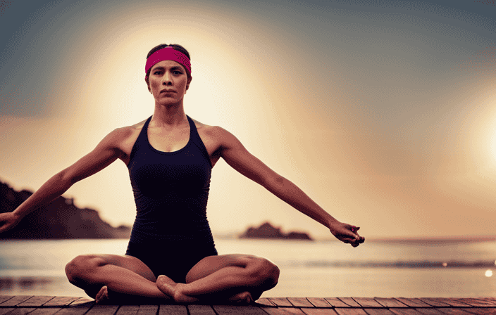 An image of a serene yoga session with a person wearing a vibrant, moisture-wicking yoga headband