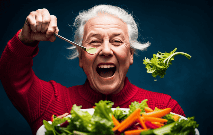An image showcasing a person humming with closed eyes, their face contorted into a scary expression, while joyfully tossing a vibrant salad