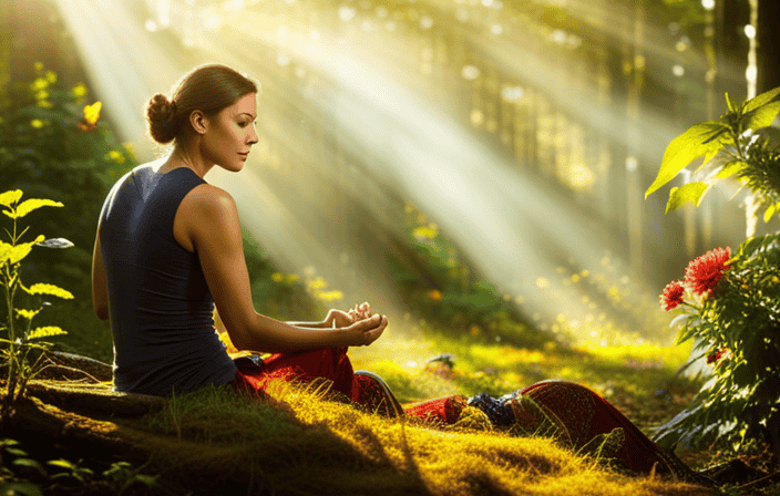 An image of a serene, lush forest with rays of golden sunlight filtering through the canopy