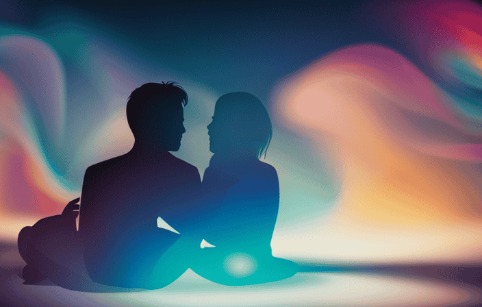 An image that captures the essence of a couple sitting together, surrounded by vibrant, intertwining auras in various hues, symbolizing the profound connection and alignment of energies in relationships and personal well-being