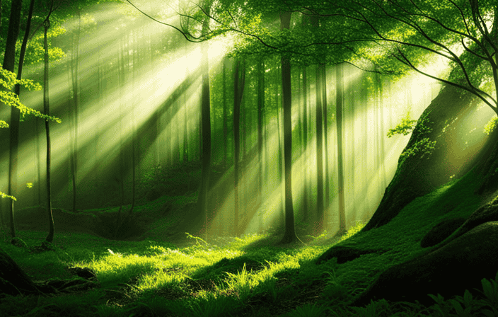 An image of a serene forest scene, where vibrant green leaves dance in the wind