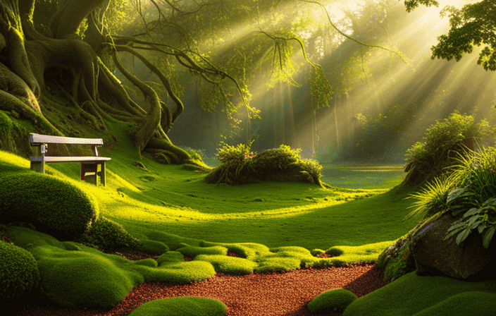 An image showcasing a serene and vibrant garden, bathed in golden sunlight, with a winding path leading to a secluded, moss-covered stone bench, inviting contemplation and inner peace