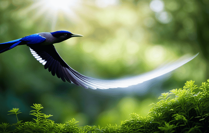 An image showcasing a majestic bird soaring high above an enchanting forest, its iridescent feathers catching the sunlight, while delicate feathers delicately float in the air, inviting readers to explore the profound world of bird symbolism