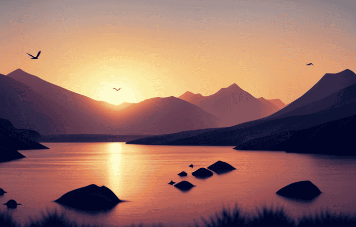 An image showcasing a serene, picturesque landscape, with a radiant sun setting behind a mountain range