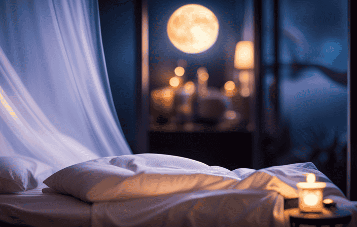 An image of a serene, moonlit bedroom with a misty window, where a person sleeps soundly