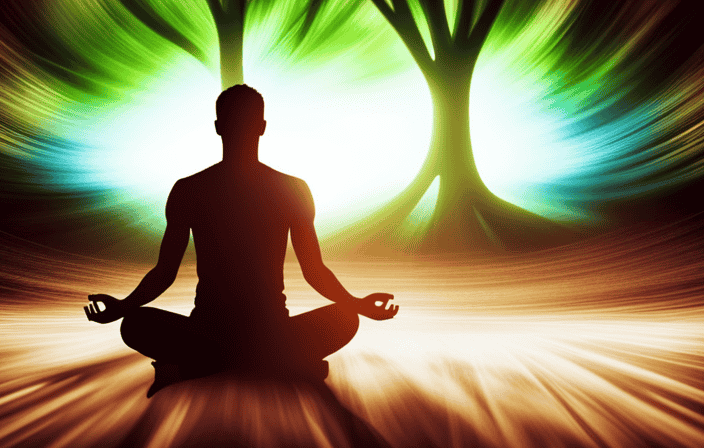 An image showcasing a figure meditating under a majestic tree, surrounded by vibrant energy waves radiating from their body, symbolizing the mastery of Aura of Resonance