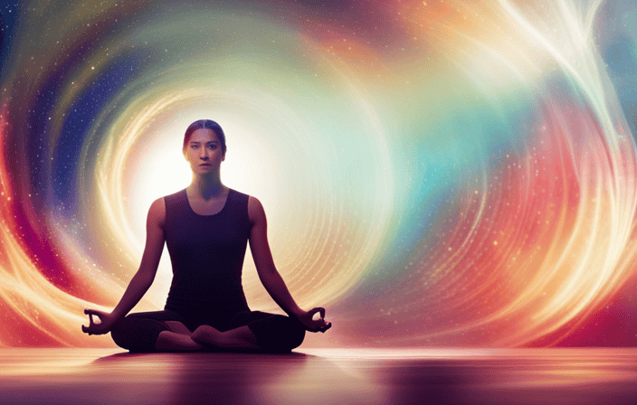 An image showcasing a person meditating in a serene, sunlit room, surrounded by vibrant, swirling aura colors that radiate from their body, reflecting their unique personality and inner self