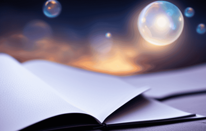 An image of a person peacefully journaling under a starry sky, with vibrant dream bubbles floating above them