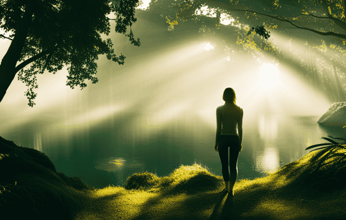 An image showcasing a person standing at the edge of a serene, emerald-colored lake, surrounded by lush, towering trees