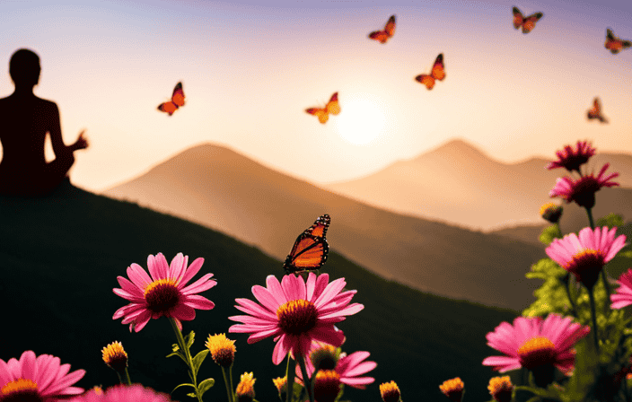 An image showcasing a serene mountaintop bathed in golden sunlight, with a solitary figure meditating, surrounded by vibrant blooming flowers and a gentle breeze carrying colorful butterflies, symbolizing the journey to unlocking one's spiritual potential