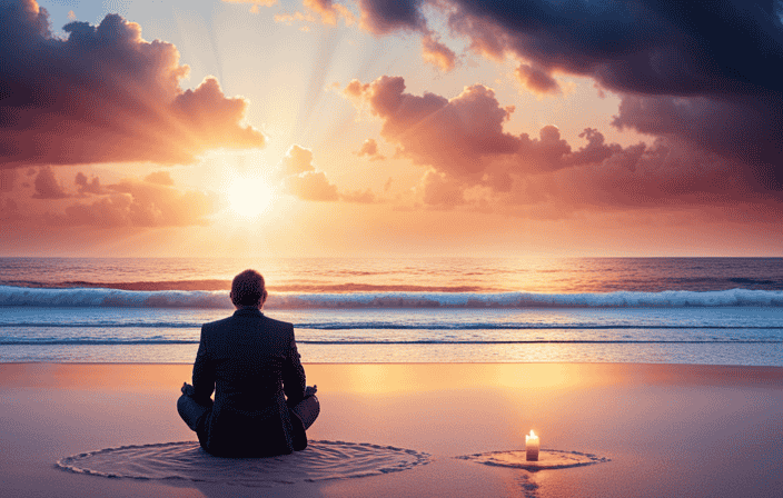 An image portraying a serene sunset beach scene with a solitary figure sitting cross-legged, eyes closed, surrounded by flickering candles, as gentle waves wash ashore, symbolizing the journey of spiritual fulfillment through disconnection, connection, and service