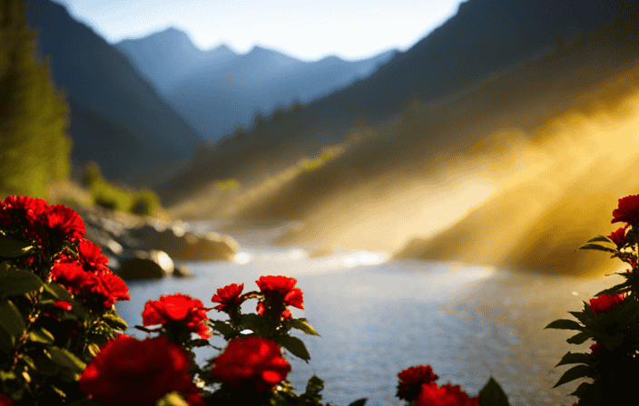 An image of a serene mountain landscape at sunrise, where the sun's golden rays pierce through misty clouds, illuminating a solitary figure in deep meditation, surrounded by vibrant flowers and a gentle stream flowing nearby