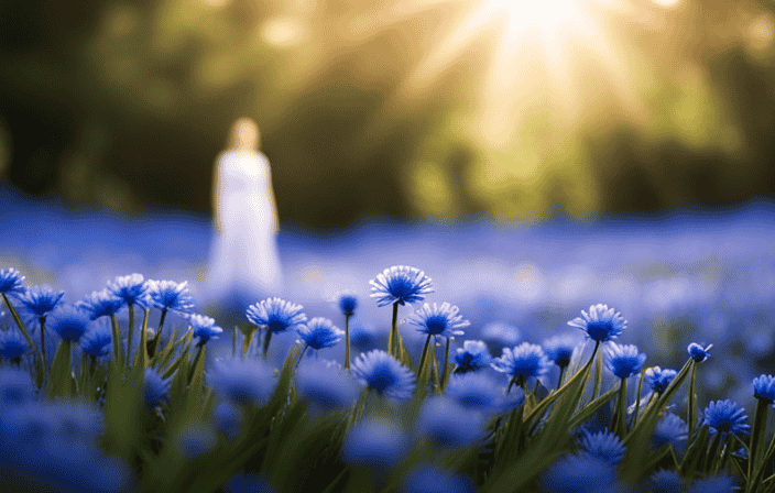 An image depicting a serene, ethereal landscape, where a solitary figure bathed in soft blue light stands amidst a cluster of vibrant blue flowers