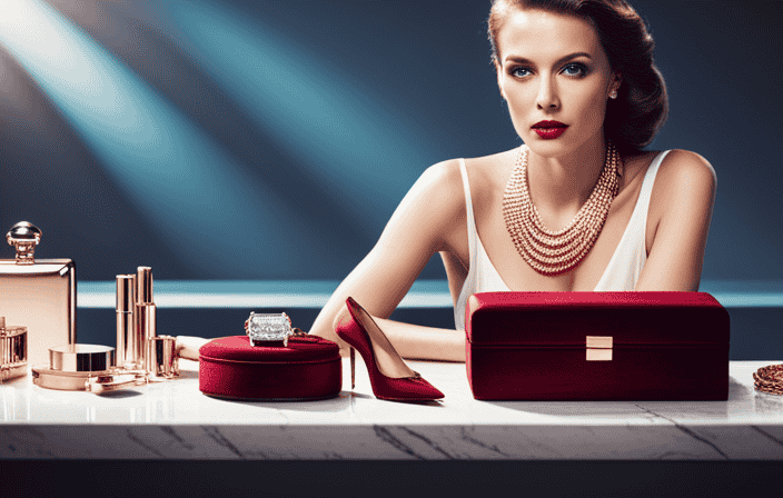 An image showcasing a luxurious scene: a sparkling diamond necklace draped over a velvet-lined jewelry box, a sleek timepiece resting on a polished marble surface, a vibrant array of health supplements, a collection of high-end skincare products, exquisite leather shoes and bags, impeccably tailored suits, and gleaming copper cookware