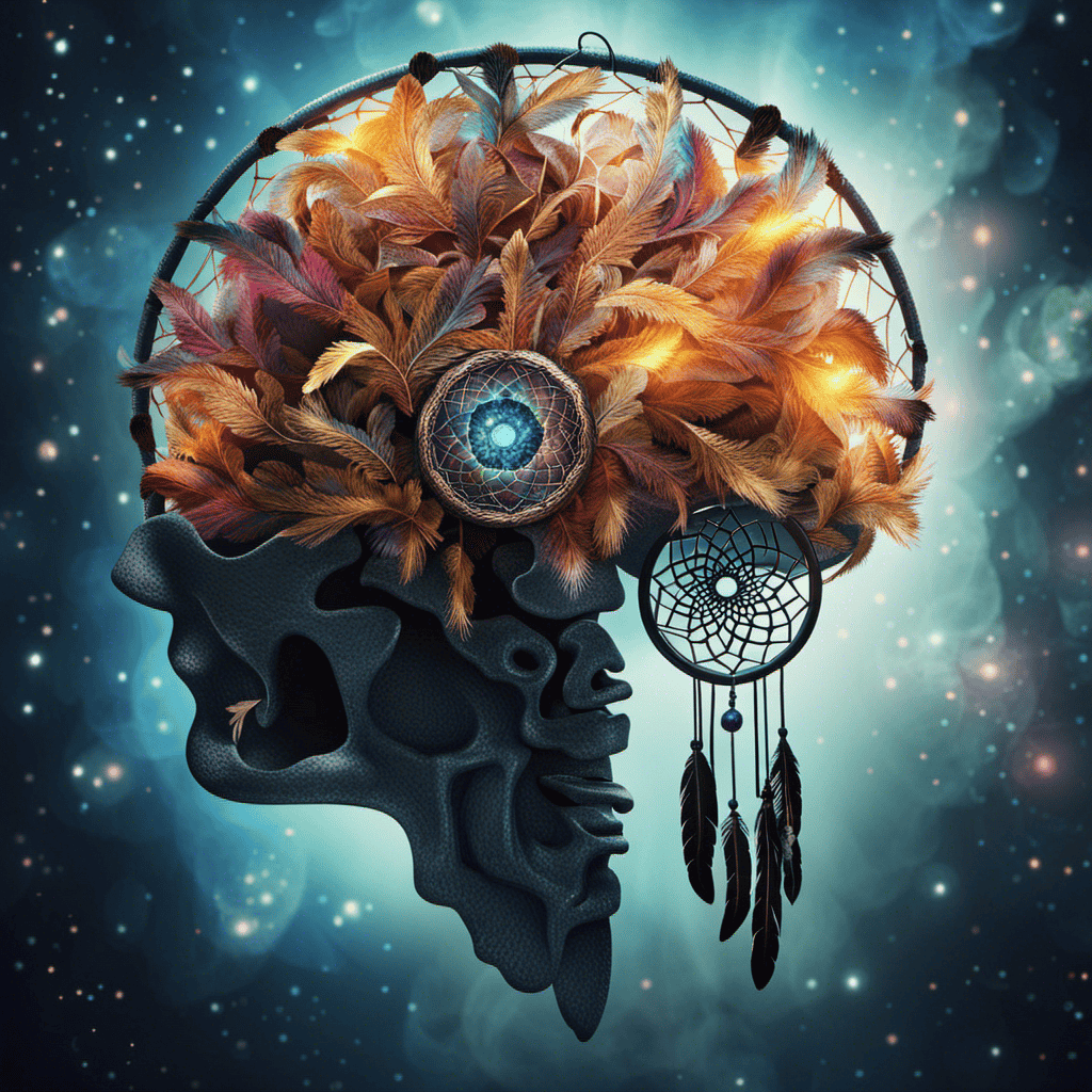 An abstract illustration of the human brain with a dream catcher hanging from the center, representing Plato's belief that the brain is the biological 'seat of dreams'