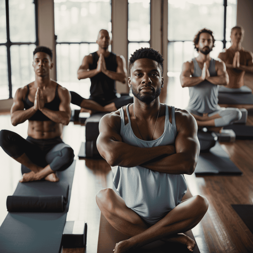 An image showcasing a diverse group of men engaging in various yoga poses, each wearing different styles of high-quality, affordable yoga pants