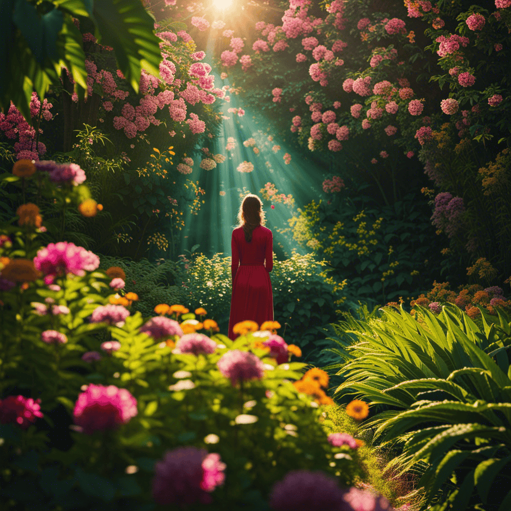 An image showcasing a person standing in a lush, vibrant garden, surrounded by blooming flowers and trees