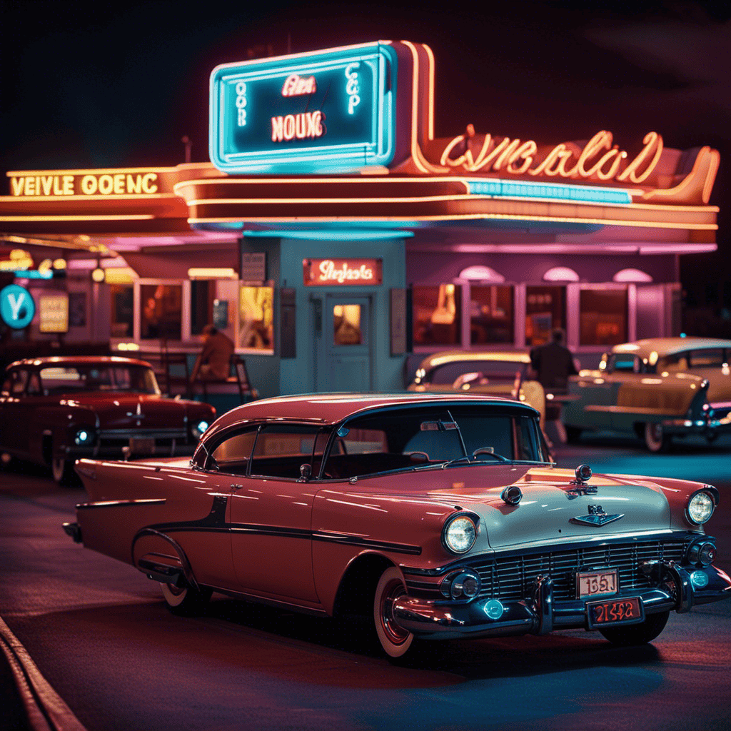 An image of a nostalgic diner with neon lights, a jukebox, and a vintage car in the parking lot
