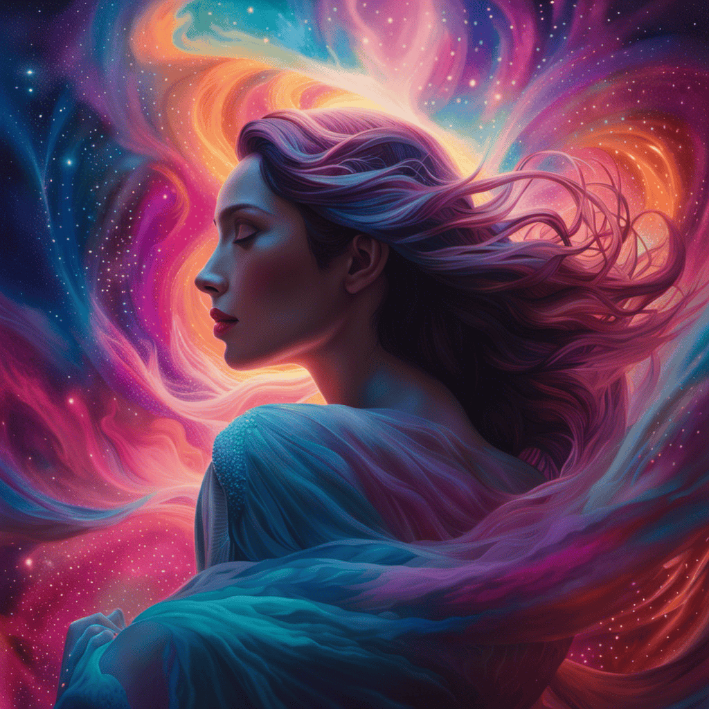Real figure emerges from a swirling nebula of vibrant hues, gently cradling a slumbering Empath in their arms