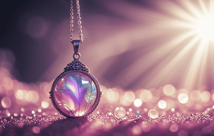 An image showcasing a delicate, silver pendant adorned with a mesmerizing Angel Aura Quartz, radiating ethereal hues of iridescent pastel pinks and purples, capturing the essence of fashion-forward and spiritually empowering jewelry