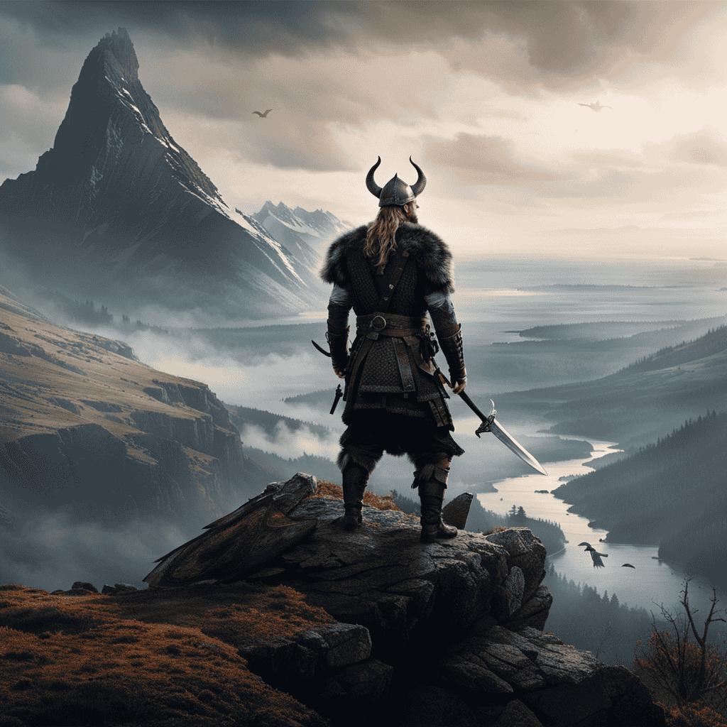 An image of a Viking warrior standing on a cliff overlooking a vast, misty landscape, with a raven perched on his shoulder and a battle axe in his hand, in the style of Assassin's Creed Valhalla What Dreams May Come