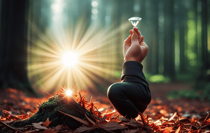 An image featuring a person surrounded by a serene forest, holding a crystal in one hand and visualizing an aura cleansing