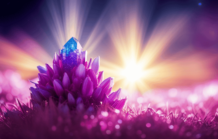 An image showcasing a mesmerizing aura quartz cluster, radiating vibrant hues of purple, pink, and blue