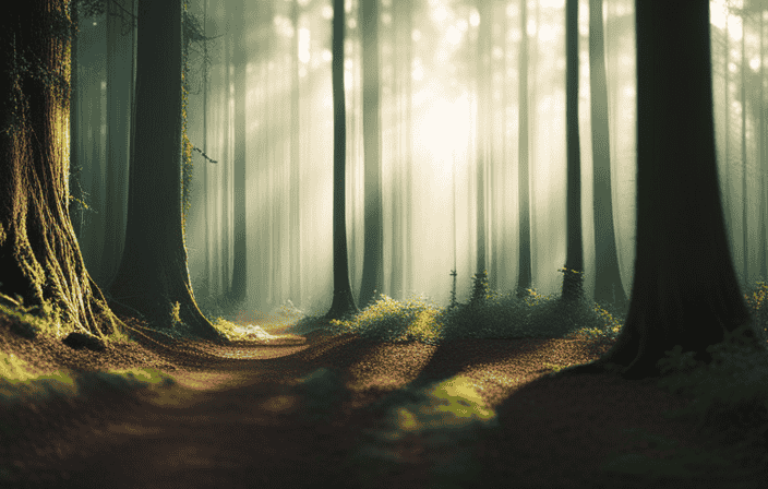 An image capturing a serene forest path, dappled with sunlight filtering through ancient trees