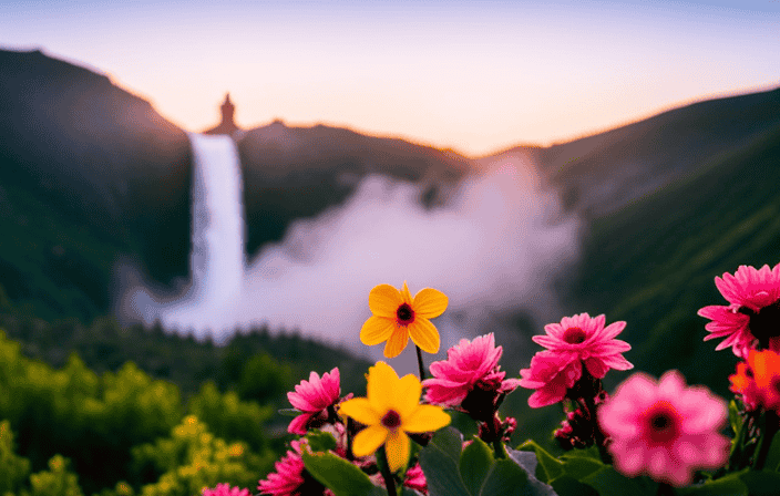 An image showcasing a serene landscape at sunrise, with a person meditating on a mountaintop, surrounded by vibrant flowers and a gentle waterfall, symbolizing the journey to self-discovery and spiritual enlightenment