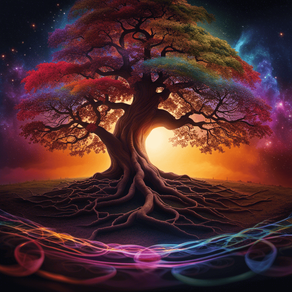 An image of a majestic tree with vibrant roots extending deep into the earth, its branches adorned with radiant, swirling colors representing the seven chakras, emanating a harmonious energy that envelops the surroundings