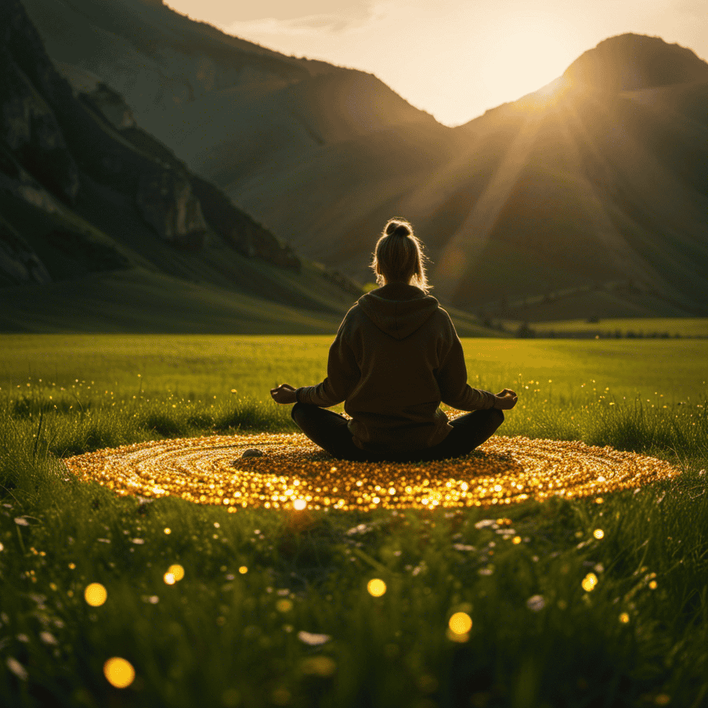 An image showcasing a person sitting cross-legged on a vibrant green meadow, surrounded by a circle of golden stones like citrine, tiger's eye, and yellow jasper, emanating a warm and empowering glow