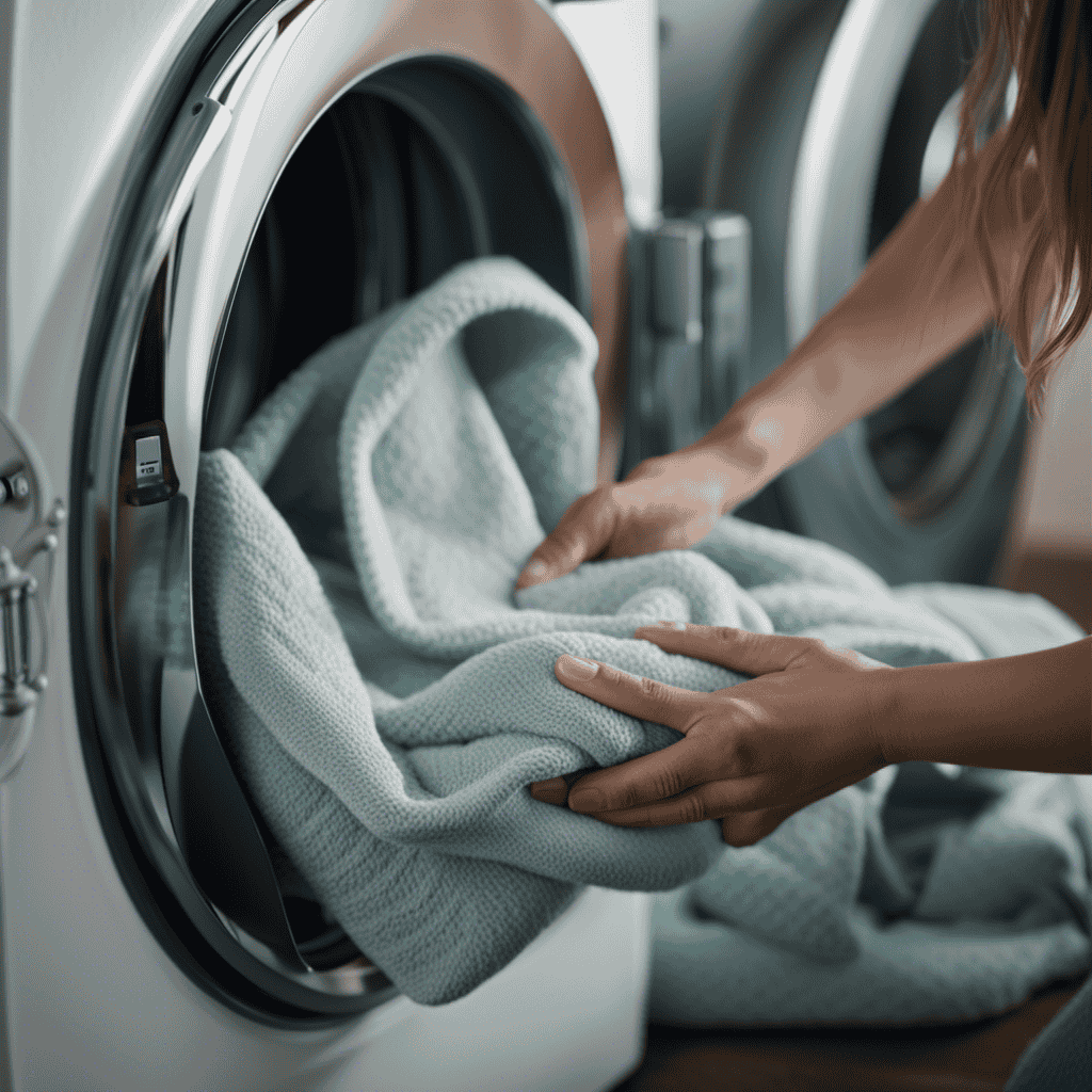 An image of a person gently placing a Barefoot Dreams blanket into a washing machine
